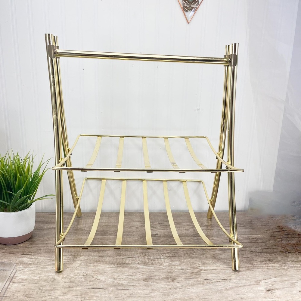 Mid-Century Brass Magazine Rack: Gold Towel Holder with Handle